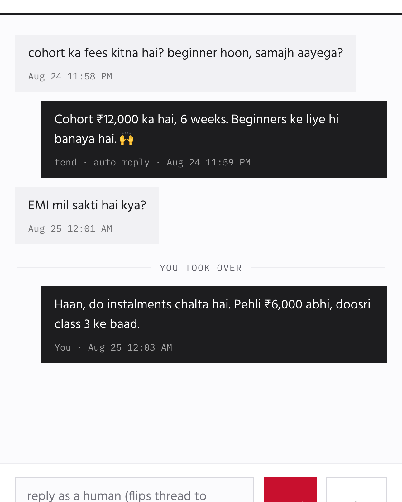 A Tend conversation thread: an auto reply labelled tend, then a YOU TOOK OVER divider where the owner answered personally